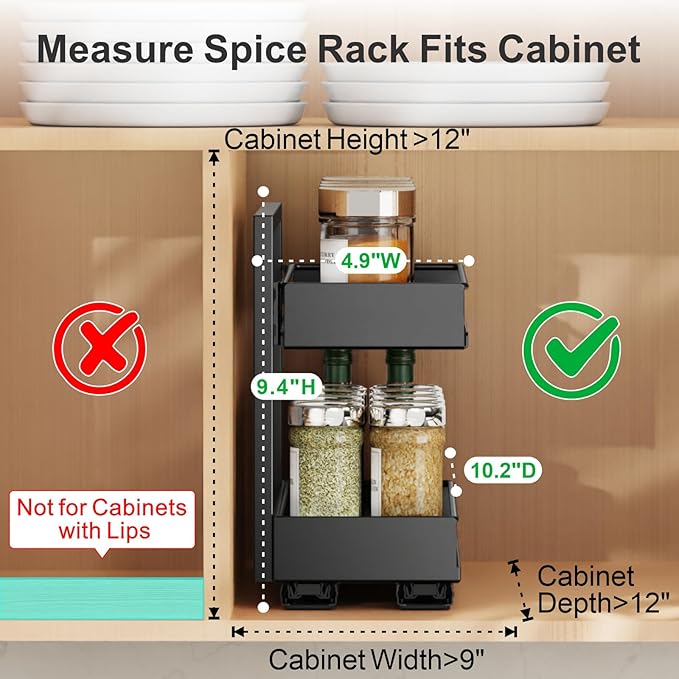 iSPECLE Pull Out Spice Rack - 2 Pack Peel and Stick No-Drill Vertical Spice Racks for Inside Cabinet Easy Access No Digging, Adjustable Height for 4oz to 8oz Spice Jars, For Kitchen Pantry Cabinet