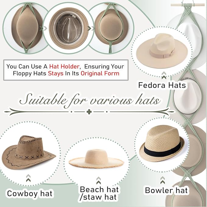 Yulejo Macrame Hat Hangers Boho Hat Rack Cowboy Hat Hanger Back of Door Hat Organizer (Sage Green,Four Hats Style)