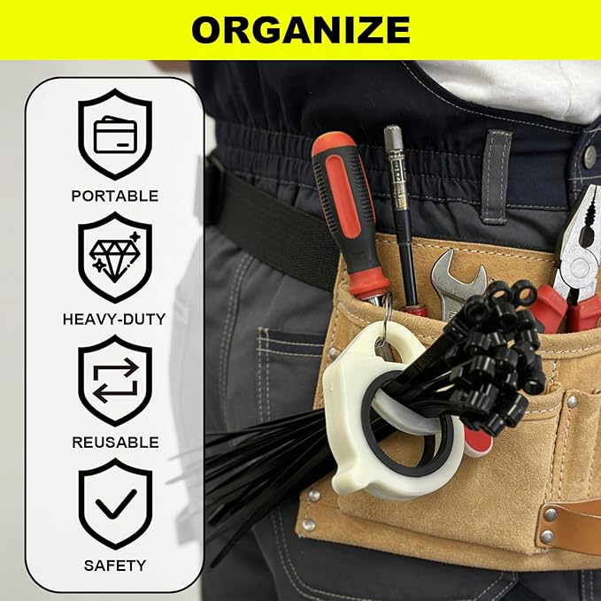 Zip Tie Holder Cable Tie Organizer Clip with Carabiner—Ideal for Tool Belts, Electrician Tool Storage, Reusable, Portable (White, 4-Pack)