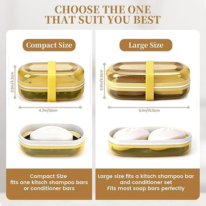 Shampoo Bar Holder and Soap Case, Leakproof Travel Container with Lid & Drain Tray, Includes Silicone Strap and Soap Bag, Compatible with Kitsch Solid Shampoo & Conditioner Bars(Lemon Yellow, Large)