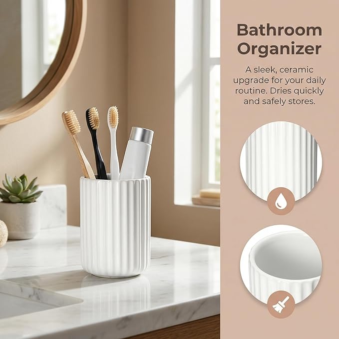 Ceramic Spoon Holder for Coffee Bar, Upright Tea Spoon Holder Cup, Coffee Stirrers Straws Stir Stick Holder, Spotted Beige Fluted Surface