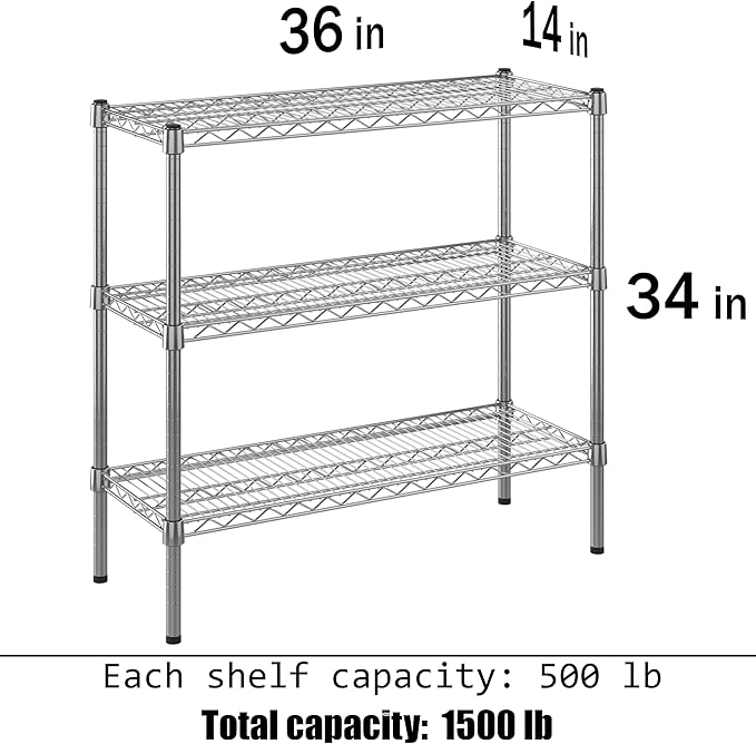 14" Deep x 36" Wide x 34" Height Wire Shelving Kit | 3-Tier | NSF Commercial Storage Rack Unit