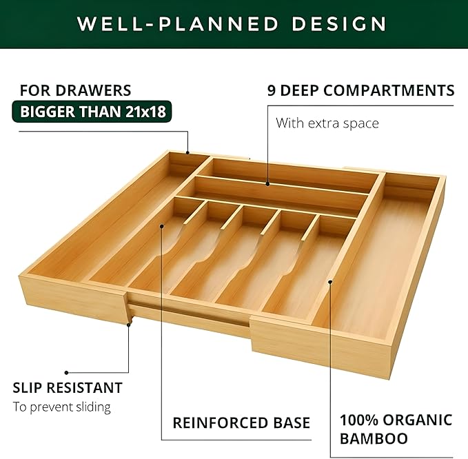 Bamboo Drawer Organizer – Expandable 9 Slot Silverware & Utensil Tray for Kitchen, Office & Kitchen –Fits 13”–19.6” Drawers, Natural Bamboo Wood, Deep Compartments - Durable & Eco-Friendly