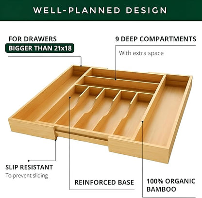 Bamboo Drawer Organizer – Expandable 9 Slot Silverware & Utensil Tray for Kitchen, Office & Kitchen –Fits 13”–19.6” Drawers, Natural Bamboo Wood, Deep Compartments - Durable & Eco-Friendly