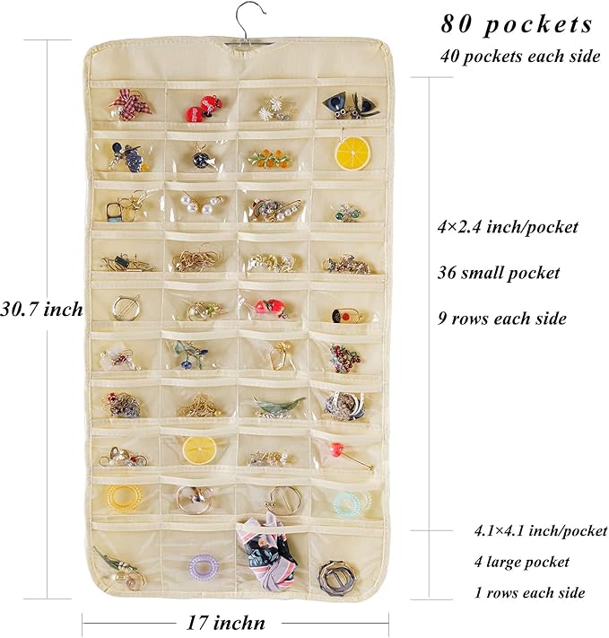 Bloss Hanging Jewelry Organizer, Double Sided 80 Pocket Jewelry Chain Storage Bag 2 Layer of Fabric Jewelry Organizer Holder for Necklace Bracelet Earring Ring Chain(Beige)