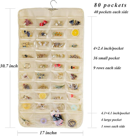 Bloss Hanging Jewelry Organizer, Double Sided 80 Pocket Jewelry Chain Storage Bag 2 Layer of Fabric Jewelry Organizer Holder for Necklace Bracelet Earring Ring Chain(Beige)