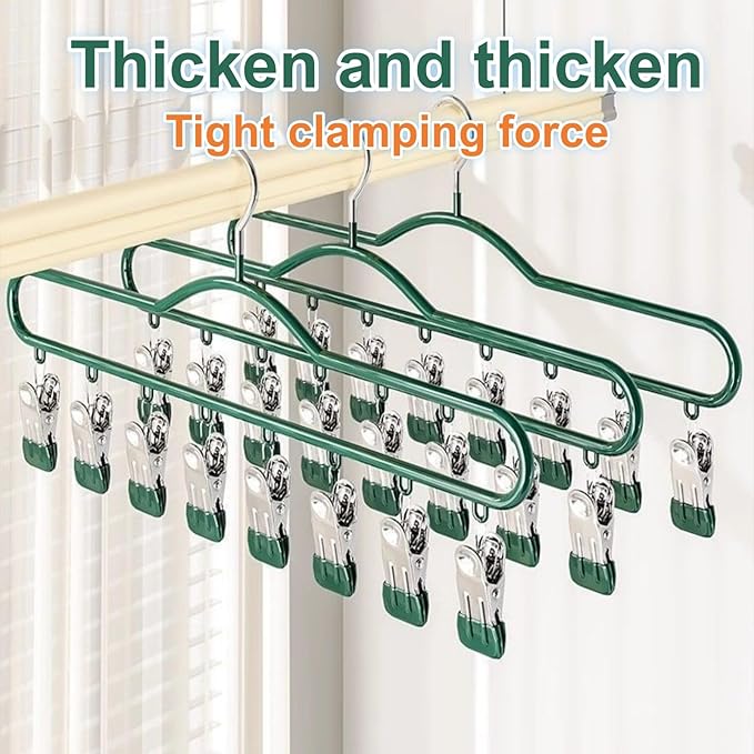 2 Pack Green Hanging Legging Organizer – 16 Clips Windproof Pants Hanger, Space-Saving Closet Organizer for Leggings, Scarves, Hats, Socks, Bras