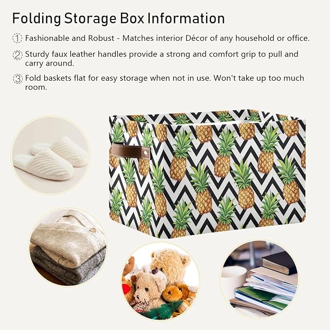 Pineapple Pattern Storage Basket Bin, Large Cube Storage Box Canvas Collapsible Storage Organizer for Home Office Closet - 15 L x 11 W x 9.5 H