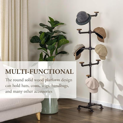 MyGift Hat Rack Stand, Cowboy Hat Tree with 10 Round Rustic Burnt Wood Hat Hangers, Industrial Metal Decorative Pipework Stand with Hooks for Hanging Hats or Wigs, Entryway, Bedroom