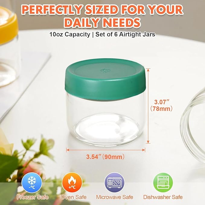 Premium 10oz Borosilicate Glass Jars with Airtight Lids (6 Pack) – Freezer to Oven Safe (-4°F to 446°F) – For Overnight Oats, Chia Pudding, Yogurt Parfaits, Dressings, Sauces & More