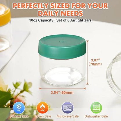 Premium 10oz Borosilicate Glass Jars with Airtight Lids (6 Pack) – Freezer to Oven Safe (-4°F to 446°F) – For Overnight Oats, Chia Pudding, Yogurt Parfaits, Dressings, Sauces & More