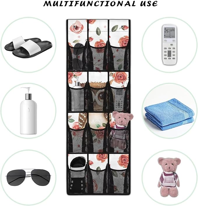 Owl Floral Over Door Organizer,12 Large Mesh Pockets Over the Door Shoe Organizer for Closet,Hanging Shoe Rack for Door Sneaker Hanger Boot Storage for Kids,Baby,Toddler,Girl