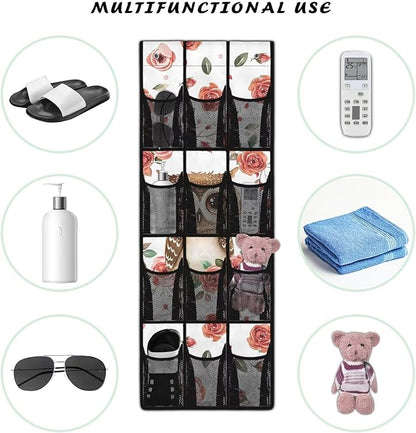 Owl Floral Over Door Organizer,12 Large Mesh Pockets Over the Door Shoe Organizer for Closet,Hanging Shoe Rack for Door Sneaker Hanger Boot Storage for Kids,Baby,Toddler,Girl