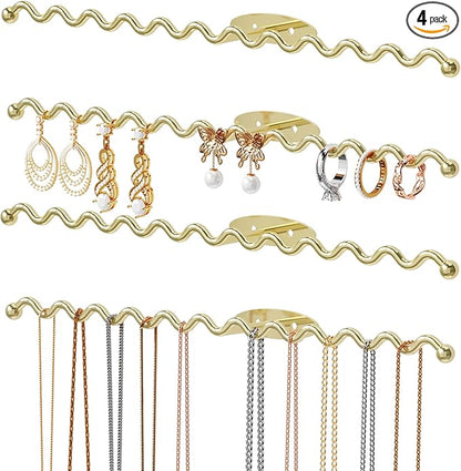 NiHome Wall Mounted Metal Jewelry Organizer Racks for Necklaces, Earrings, Bracelets, Rings, Decorative Display Wave Design Storage Holders for Bedroom, Bathroom, Kitchen, Entryway (4-Pack, Gold)
