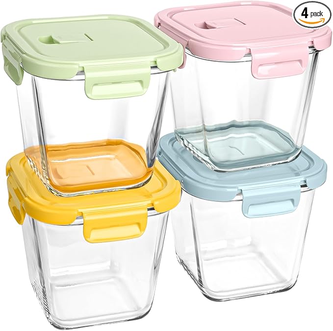 Glass Soup Containers with Lids 32oz - Borosilicate Glass Storage Containers 4 Cup, Freezer to Microwave Safe, Airtight Leak Proof, Square Soup Meal Prep Containers for Lunch Travel- 4 Pack