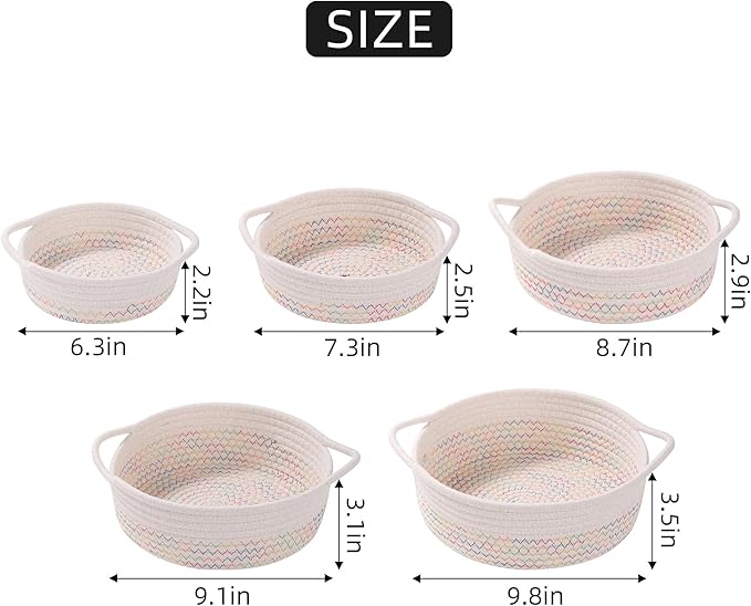 YMhoart Small Storage Woven Baskets Shelves Natural Cotton Rope Bins with Handle Toilet Tank Paper for Countertop Cute Gifts Organizing Mini Nursery 5 Set box (White&colored lines)