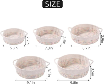 YMhoart Small Storage Woven Baskets Shelves Natural Cotton Rope Bins with Handle Toilet Tank Paper for Countertop Cute Gifts Organizing Mini Nursery 5 Set box (White&colored lines)