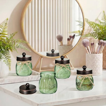 SheeChung Green Glass Qtip Holder Dispenser, Mason Jar Apothecary Jars with Lids, Bathroom Organizers and Storage, Vanity Countertop Canisters Set for Cotton Swab, Ball, Pad, Floss Pick-ORB, 3 Pack