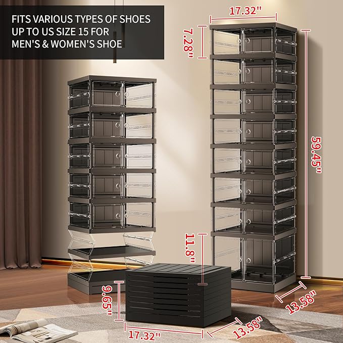 EHAMILY 8 Tiers 8-16 Pairs Foldable Shoe Boxes Small Plastic Shoe Storage Rack Collapsible Shoe Organizer for Closet Shoe Shelf Clear Stackable Quick Assembly Storage Cabinet with Doors Black