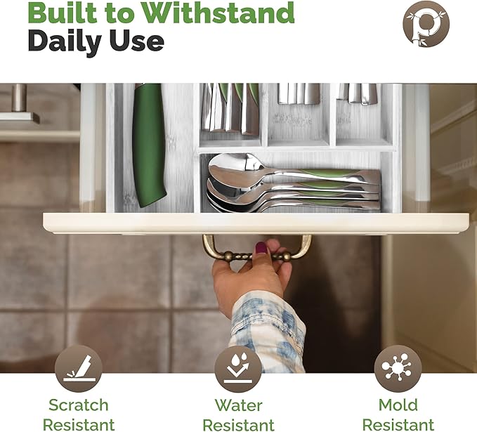 Pristine Bamboo Kitchen Drawer Organizer - Drawer Utensil Organizer and Cutlery Tray - Flatware and Silverware Holder (5-Slots, White)