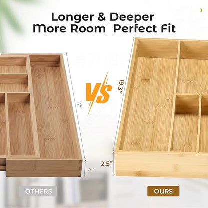 Fabsome Silverware Organizer for Kitchen Drawers, 2.5'' Deep 18.8'' Wide Bamboo Wood Flatware Tray with Deep Slots for Large Cutlery Utensil Drawer