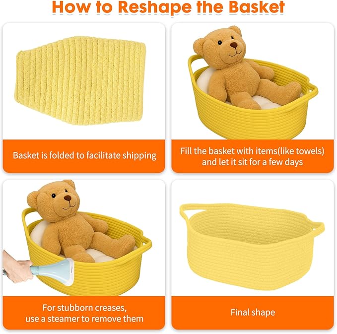ShellKingdom Storage Basket with Handles, Empty Gift Basket for Christmas with Gift Bags and Ribbon, Small Woven Baskets for Home, Nursery Storage Organizer, 12 X 8 X 5 INCH, Yellow