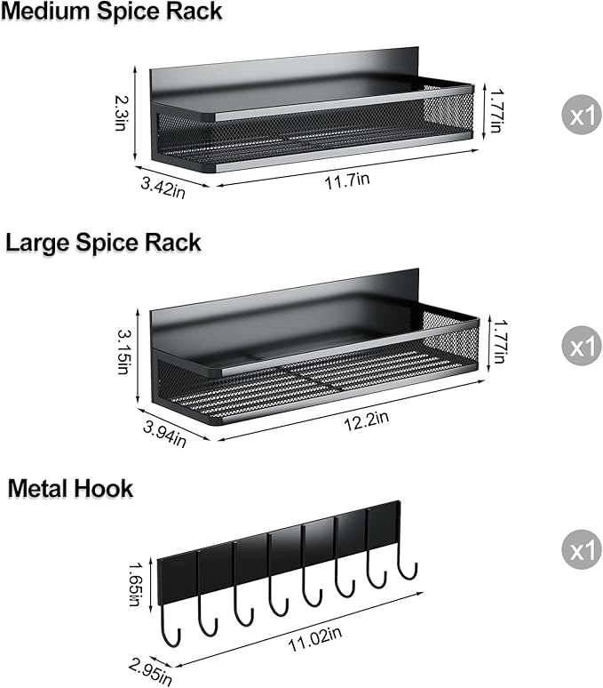 Aufworld Magnetic Spice Rack for Refrigerator, 3 Pack Magnetic Shelf, Moveable Fridge Organizer with 8-Hook Rack, Seasoning Organizer for Kitchen