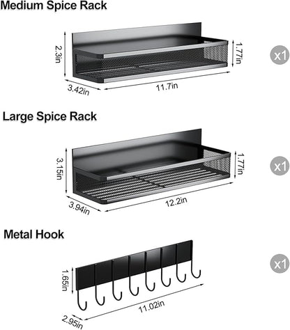 Aufworld Magnetic Spice Rack for Refrigerator, 3 Pack Magnetic Shelf, Moveable Fridge Organizer with 8-Hook Rack, Seasoning Organizer for Kitchen