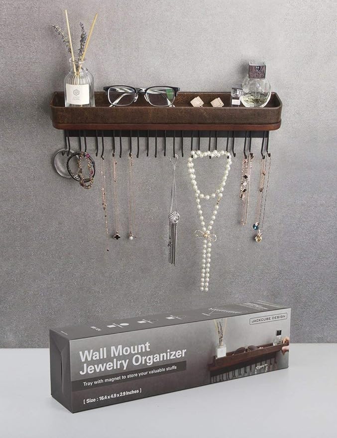 J JACKCUBE DESIGN Necklace Holder Wall Mounted Jewelry Organizer for Bracelet, Earrings and Rings with 25 Hooks - Room Decor Bedroom Boho Shelf Rack (Brown) - MK124A