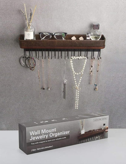 J JACKCUBE DESIGN Necklace Holder Wall Mounted Jewelry Organizer for Bracelet, Earrings and Rings with 25 Hooks - Room Decor Bedroom Boho Shelf Rack (Brown) - MK124A