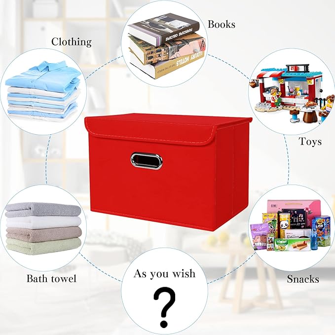 STOREONE Fabric Storage Cube Bins Foldable Organizer Container Collapsible Basket with Lids and Metal Handles, for Home, Bedroom, Closet 3 Pcs (Red)