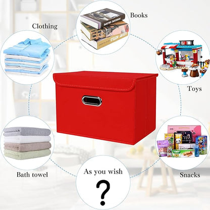 STOREONE Fabric Storage Cube Bins Foldable Organizer Container Collapsible Basket with Lids and Metal Handles, for Home, Bedroom, Closet 6 Pcs (Red)