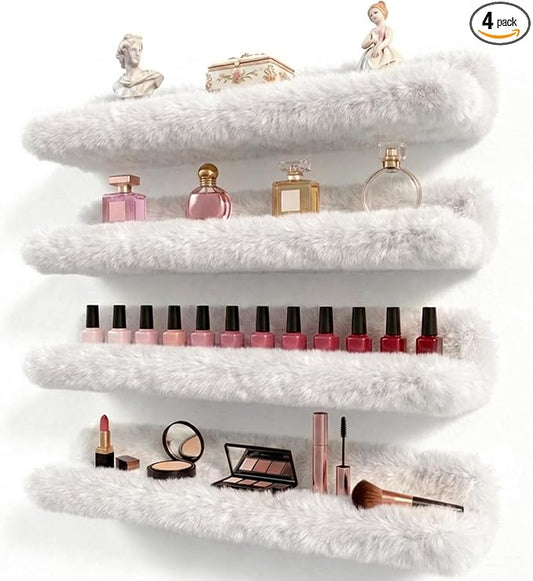 Care&More YJ 15 Inch Nail Polish Shelves, 4-Pack Fluffy Nail Polish Rack for Storing Nail Bottles, Sunglasses, Essential Oils, Plush Soft White