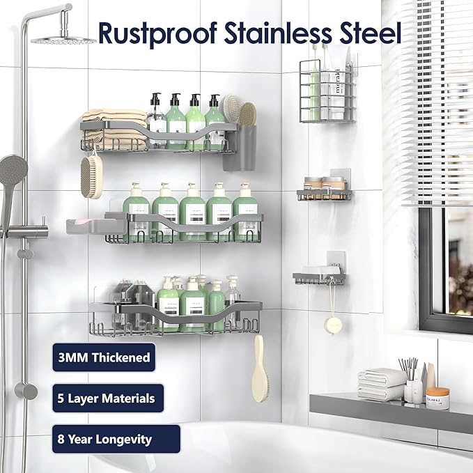 NESOMI Shower Caddy Adhesive Shower Organizer 8-Pack, Rustproof Stainless Steel Bathroom Shelves, Large Capacity No-Drill Rack Storage Accessories with Soap Dish Toothbrush Holder Hooks