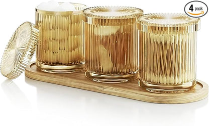 BSSN Glass Cotton Swab Holder Set of 3 with Bamboo Tray, Qtip Holder Dispenser for Bathroom Vanity, Amber Apothecary Jars with Lids for Cotton Balls, Swabs and Makeup Pads