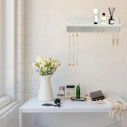 Wall Mount Jewelry Organizer with 26 Hooks and Cosmetics Shelf, Modern Wood Hanging Jewelry Holder for Necklaces, Bracelets, Earrings and Rings, Grey