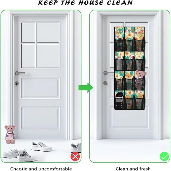 Hippie Flower Over the Door Shoe Organizer 12 Large Mesh Pockets Sturdy Oxford Door Shoe Organizer Hanging Shoe Rack for Closet Shoe Holder