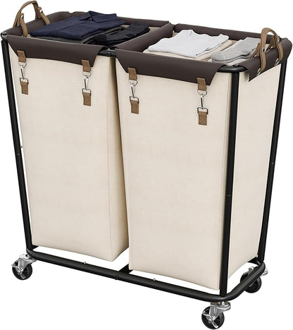 StorageWorks 330L Extra Large Laundry Hamper with Wheels, Laundry Basket with Wheels 2 Sections, Clothes Sorter Cart with Divider for Hotel, Home, Beige, 1-Pack