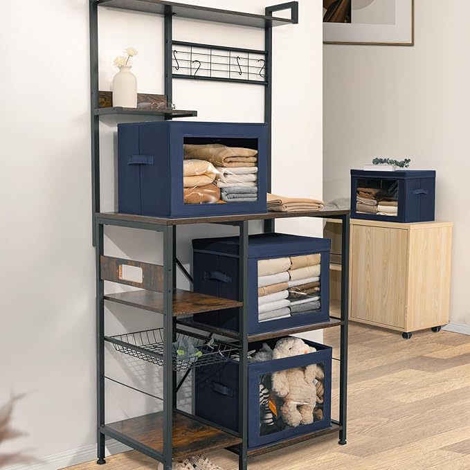 Homsorout Stackable Storage Bins with Lids - Large Storage Box with Lids, Foldable Closet Boxes for Organizing, Wardrobe Clothes Organizer with Window, Cubes Bins for Living Room, 3 Pack, Navy Blue
