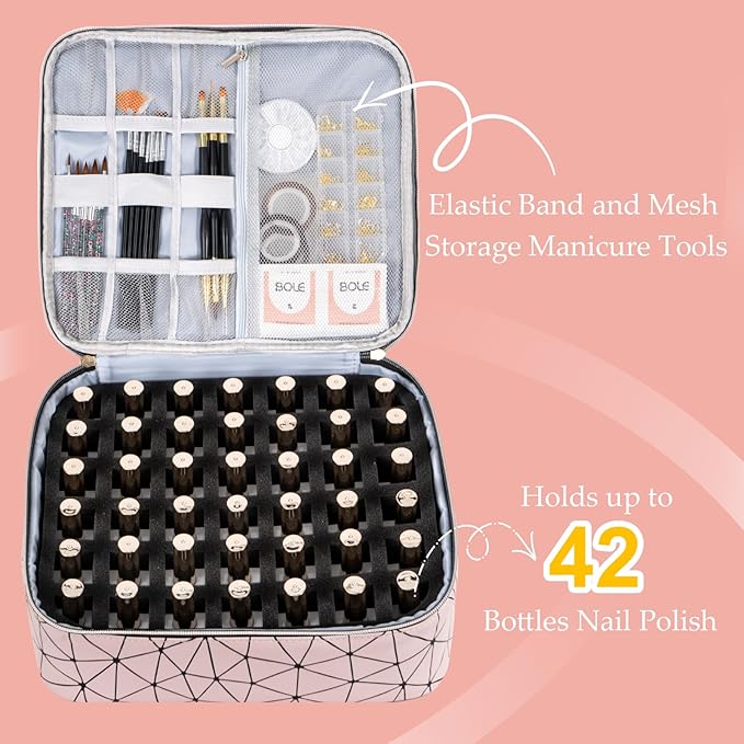 Uross Nail Polish Organizer Bag Holds 42 Bottles Nail Polish & Nail Lamp, Gel Nail Polish Organizers and Storage box for Nail Tech, Nail Kit Supplies Organizer Case - Lightpink