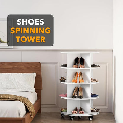 SpaceAid Spinning Shoe Rack with Wheels, 4 Tier Rotating Organizer Shoe Tower Lazy Susan with Thick Bottom, 360 Display Revolving Storage Shelf, Round Circular Rotate Organization, White