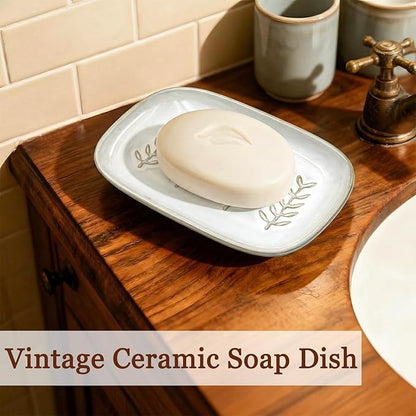 HighHerz Aesthetic Ceramic Soap Dish for Shower, Soap Holder with Raised Relief, Shower Soap Dish for Shampoo Bar Or Sponge, Soap Saver for Bathroom, Kitchen, Sink, Decorative Soap Tray (White)