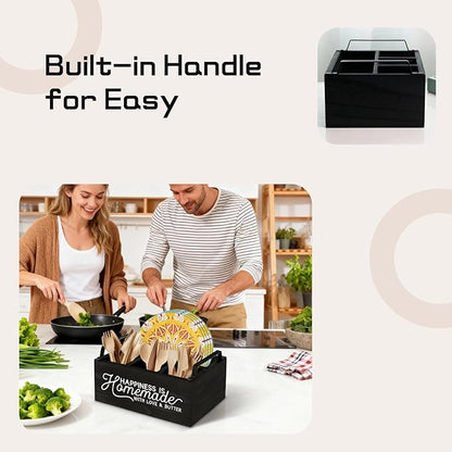 Wooden Paper Plate Dispenser with Handle - Party & Kitchen Countertop Cutlery Holder for Plates, Forks, Spoons & Napkins