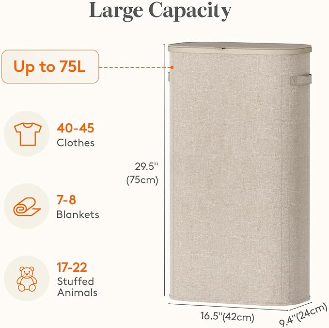 Lifewit Slim Laundry Basket with Lid, Narrow Large Laundry Hamper with Plastic Handles and Removable Bag, Tall Foldable Dirty Clothes Hampers for Laundry Room, Bedroom, Bathroom, Dorm, 75L Beige