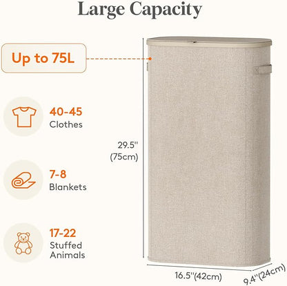 Lifewit Slim Laundry Basket with Lid, Narrow Large Laundry Hamper with Plastic Handles and Removable Bag, Tall Foldable Dirty Clothes Hampers for Laundry Room, Bedroom, Bathroom, Dorm, 75L Beige