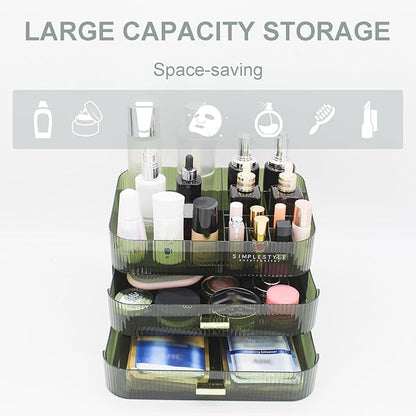Makeup Organizer with 2 Drawers, Cosmetics Organizer for Bedroom and Bathroom Vanity Countertops, Large Capacity Cosmetic Storage Box for Skincare Cream Perfume Lipstick Dresser Counter-Green