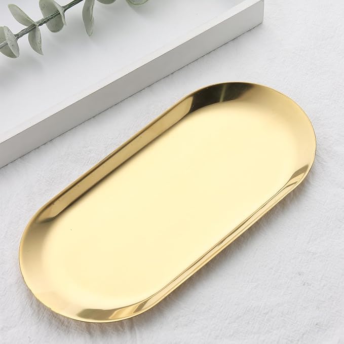 1Pcs Manicure Tools Storage Tray, Oval Stainless Steel Storage Dish Nail Art Accessory Display Tray Jewelry Rhinestone Cosmetic Nail Decorations Organizer Metal Storage Plate (Gold)