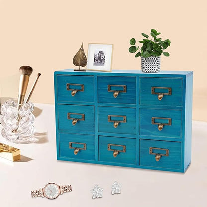 Schreibtisch-Organizer mit 9 Schubladen, Apothekerschrank, Schubladen-Organizer mit Etiketten und Metallgriffen, blau
