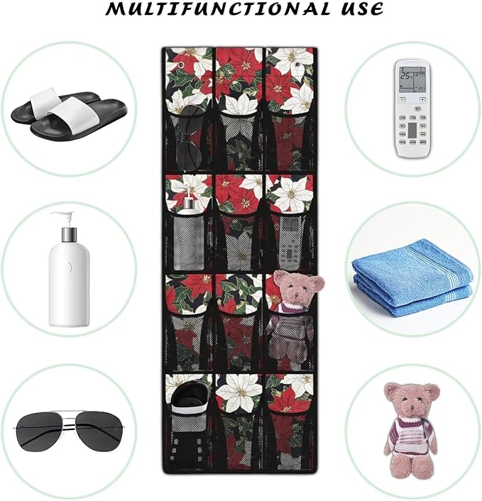 Poinsettia Flower Behind Door Organizer for Dorm Room Essentials,Xmas Decor Over The Door Hanging Organizer for Living Room,Large Capacity and 12 Pockets Wall Hanging Storage
