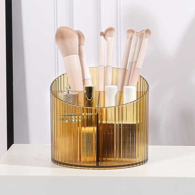 DASITON 3 Slots Makeup Brush Holder, Acrylic Makeup Brush Cup, Vintage Striped Make Up Brush Holder for Vanity Decor, Bathroom Countertops, Desk Storage Container, Cosmetic Display Cases (Yellow)